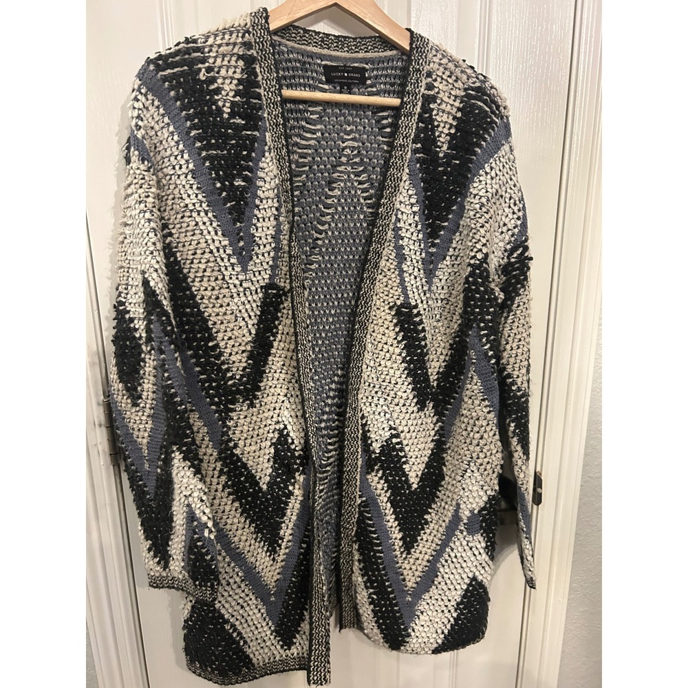 Lucky Brand‎ Womens Blue Black White Zigzag Geometric Knit Open Front Cardigan M